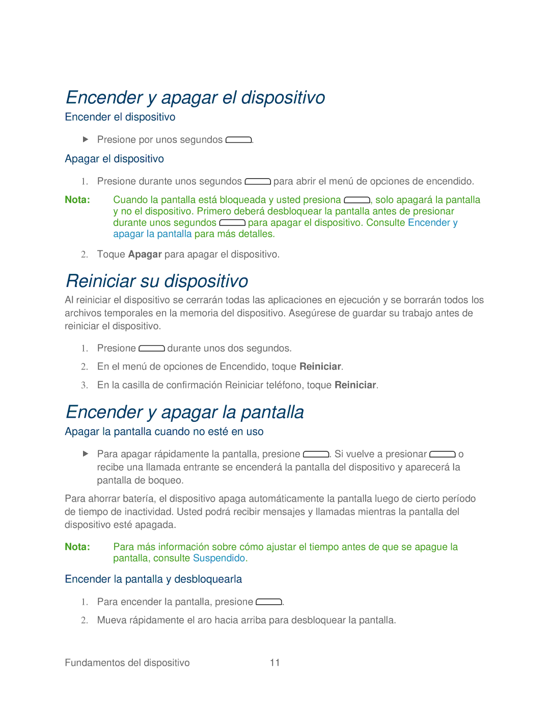 HTC 4G manual Encender y apagar el dispositivo, Reiniciar su dispositivo, Encender y apagar la pantalla 