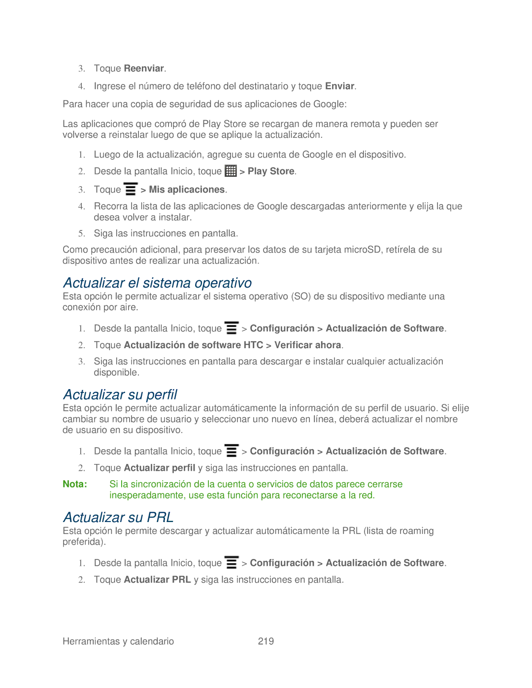 HTC 4G manual Actualizar el sistema operativo, Actualizar su perfil, Actualizar su PRL 