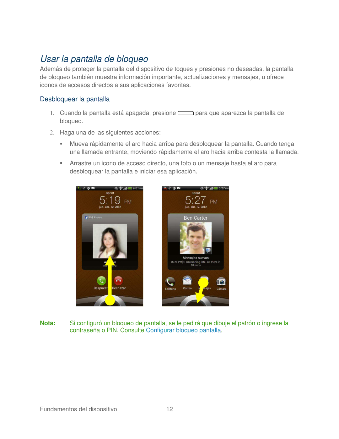 HTC 4G manual Usar la pantalla de bloqueo, Desbloquear la pantalla 