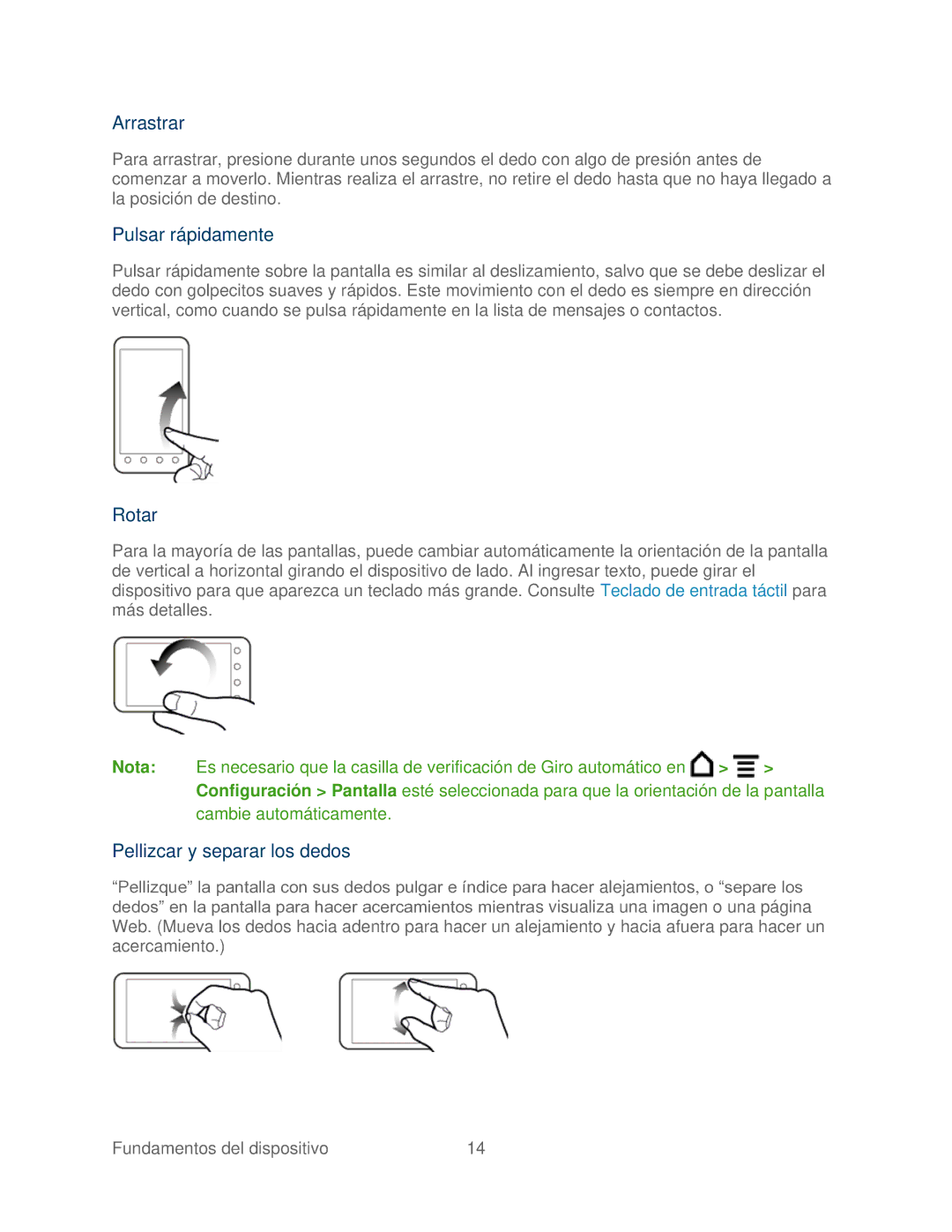 HTC 4G manual Arrastrar, Pulsar rápidamente, Rotar, Pellizcar y separar los dedos 