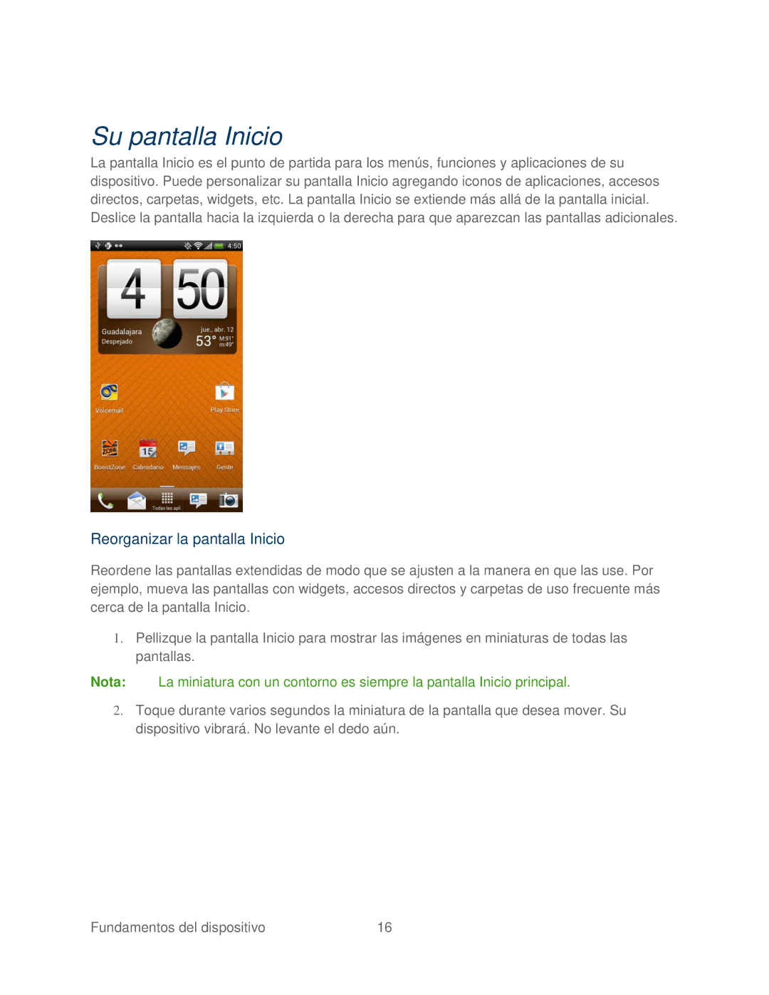 HTC 4G manual Su pantalla Inicio, Reorganizar la pantalla Inicio 