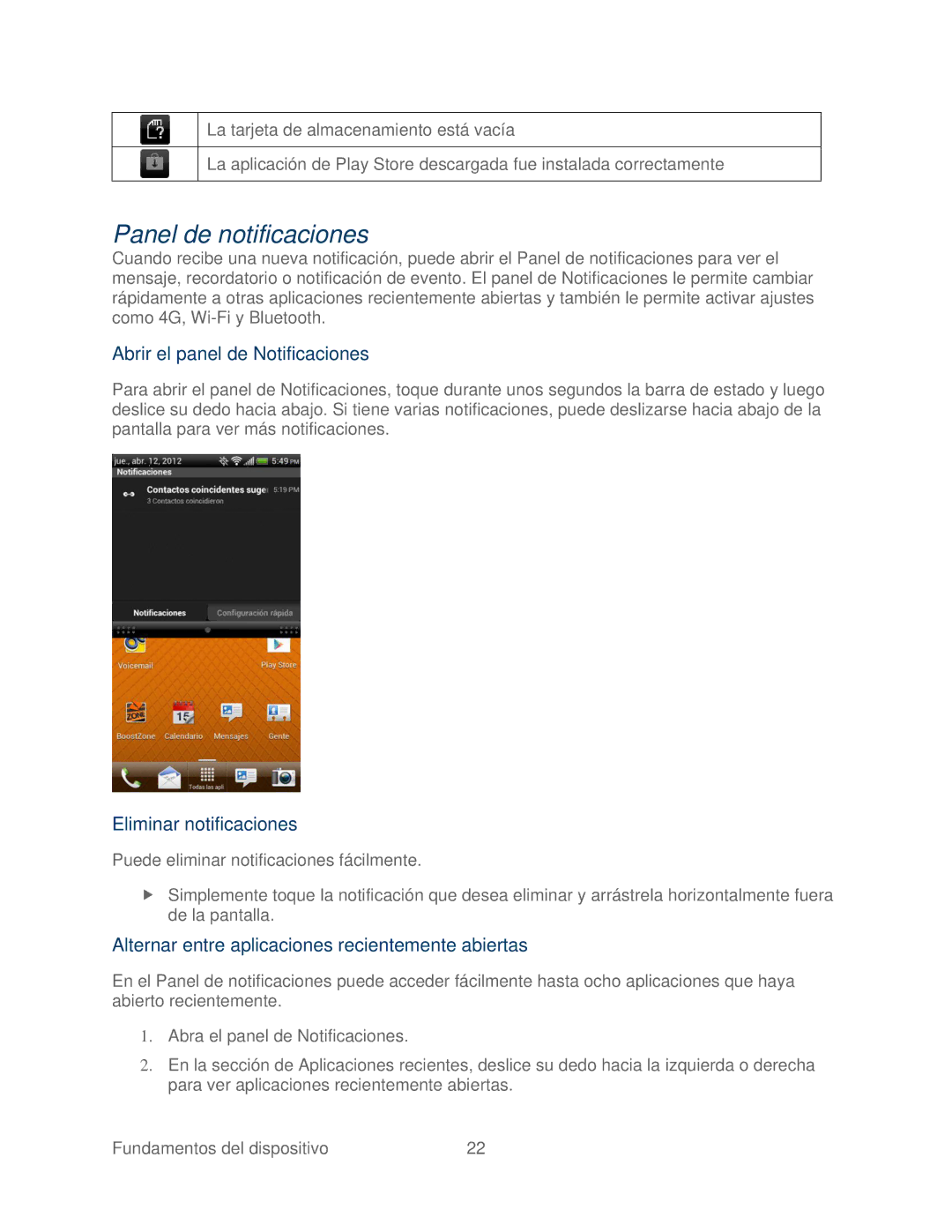 HTC 4G manual Panel de notificaciones, Abrir el panel de Notificaciones, Eliminar notificaciones 