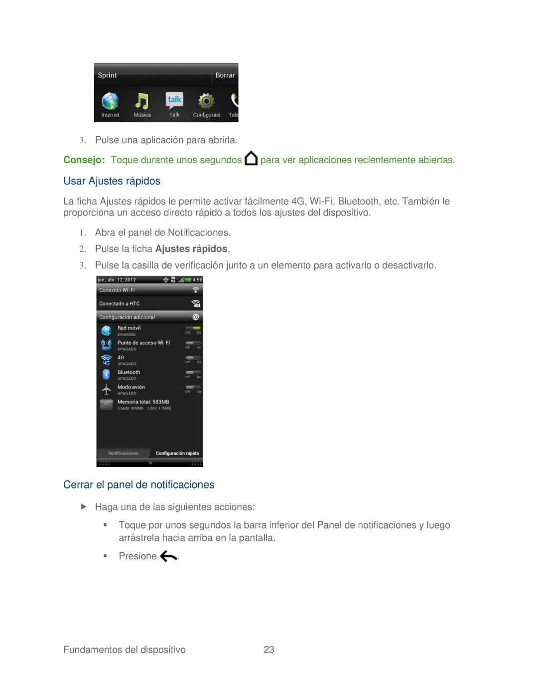 HTC 4G manual Usar Ajustes rápidos, Cerrar el panel de notificaciones 