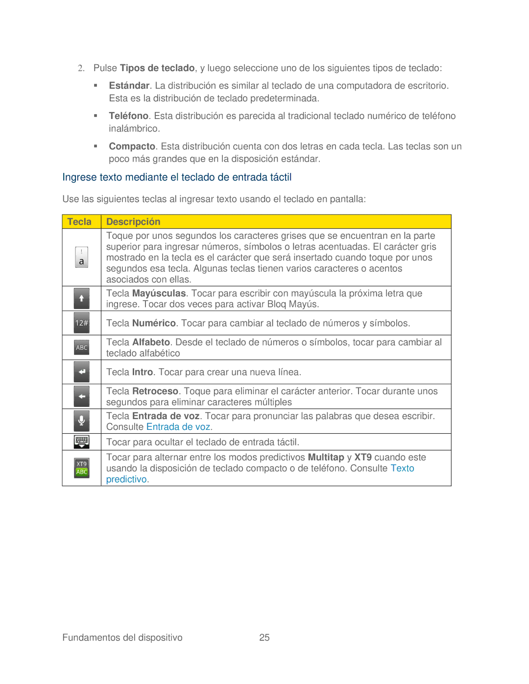 HTC 4G manual Ingrese texto mediante el teclado de entrada táctil, Tecla Descripción 