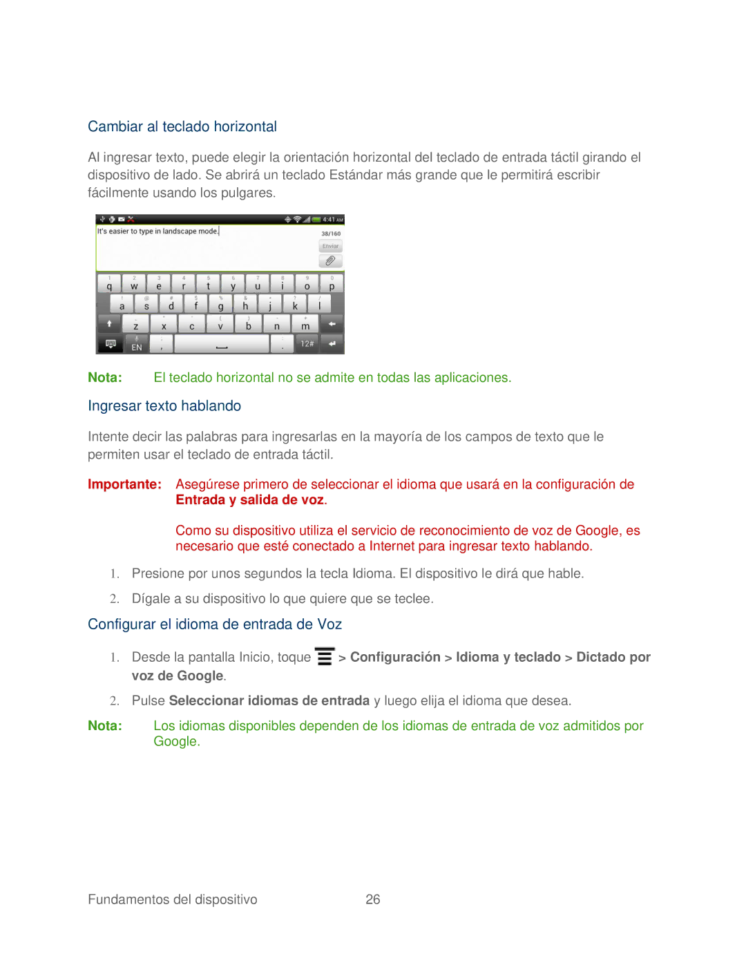 HTC 4G manual Cambiar al teclado horizontal, Ingresar texto hablando, Configurar el idioma de entrada de Voz 