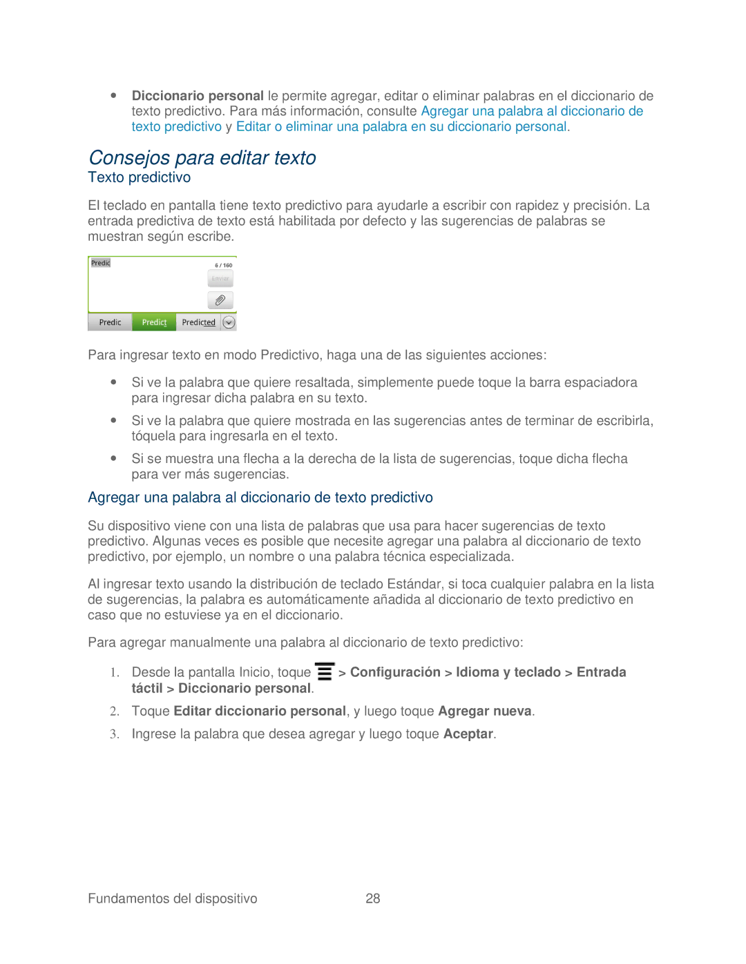 HTC 4G manual Consejos para editar texto, Texto predictivo, Agregar una palabra al diccionario de texto predictivo 