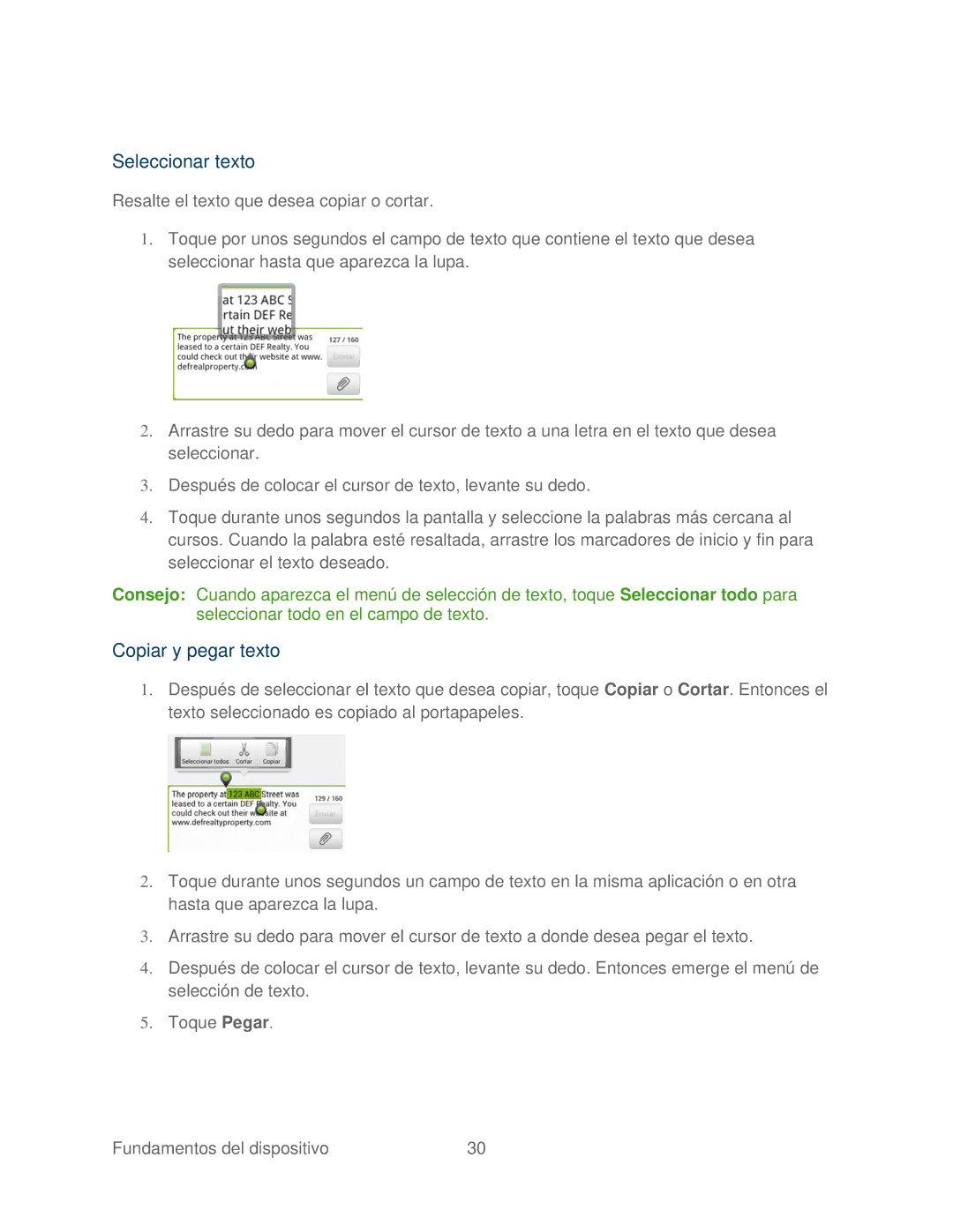 HTC 4G manual Seleccionar texto, Copiar y pegar texto 