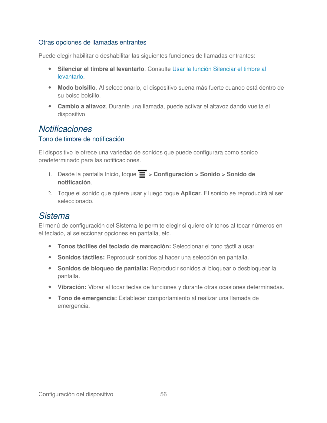 HTC 4G manual Notificaciones, Sistema, Otras opciones de llamadas entrantes, Tono de timbre de notificación 