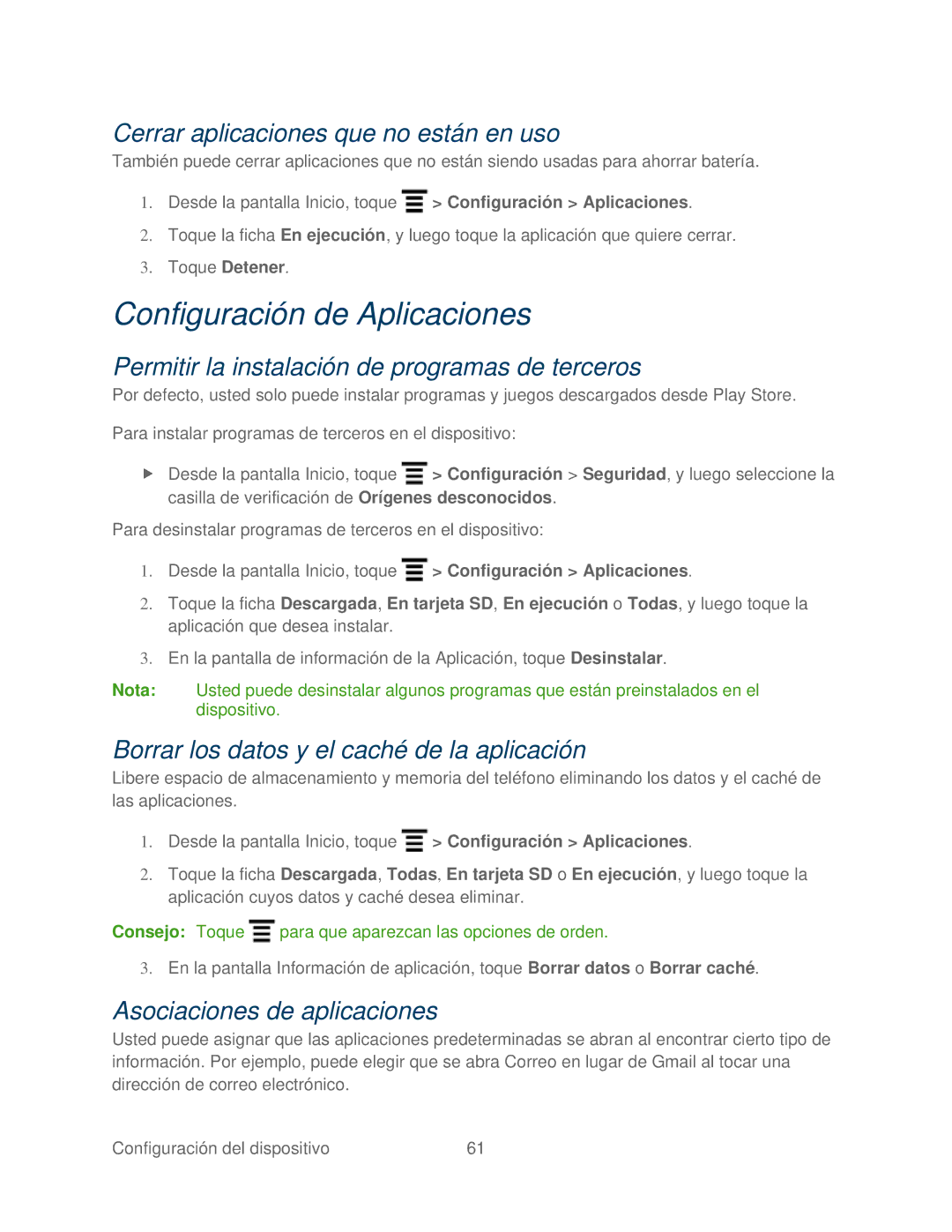 HTC 4G manual Configuración de Aplicaciones, Cerrar aplicaciones que no están en uso, Asociaciones de aplicaciones 