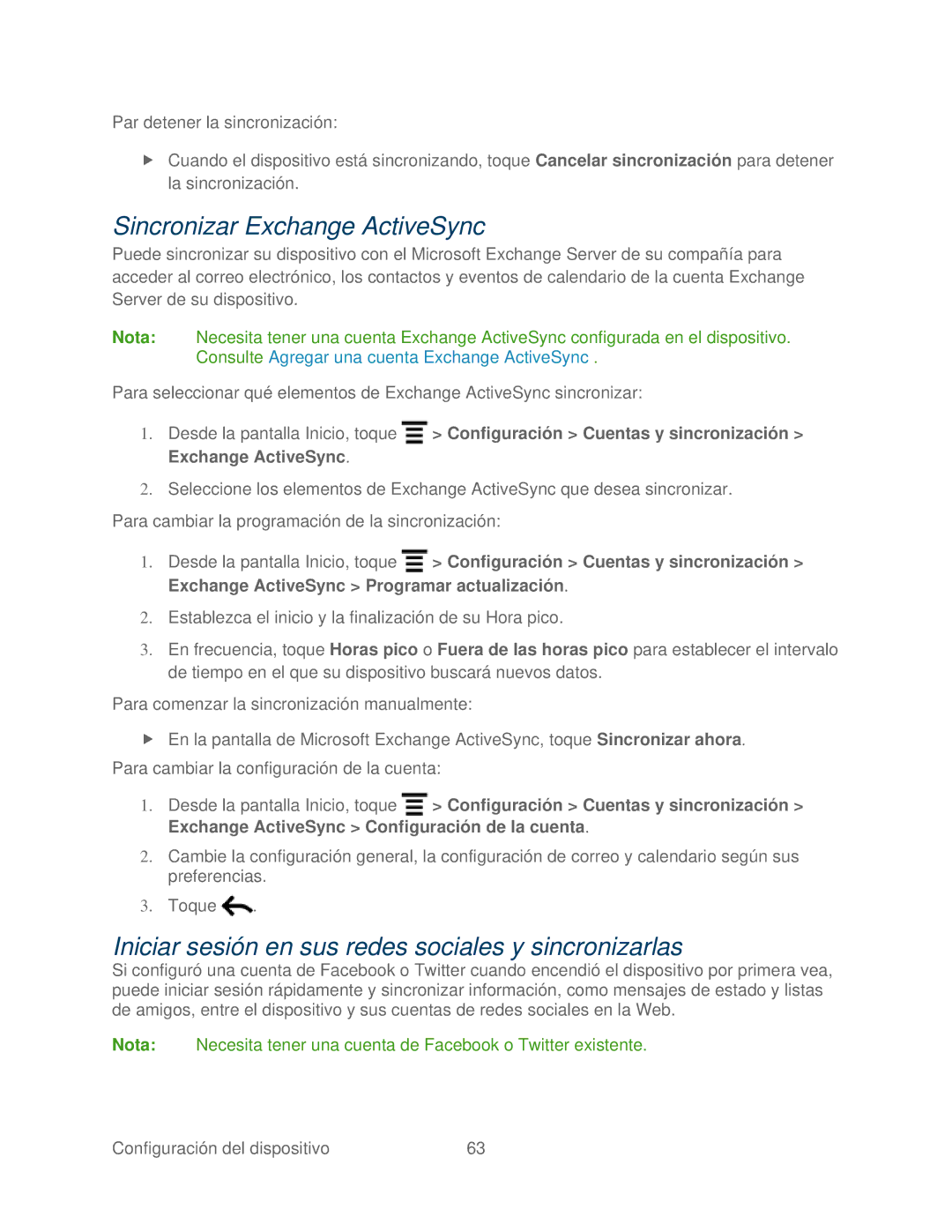 HTC 4G manual Sincronizar Exchange ActiveSync, Iniciar sesión en sus redes sociales y sincronizarlas 