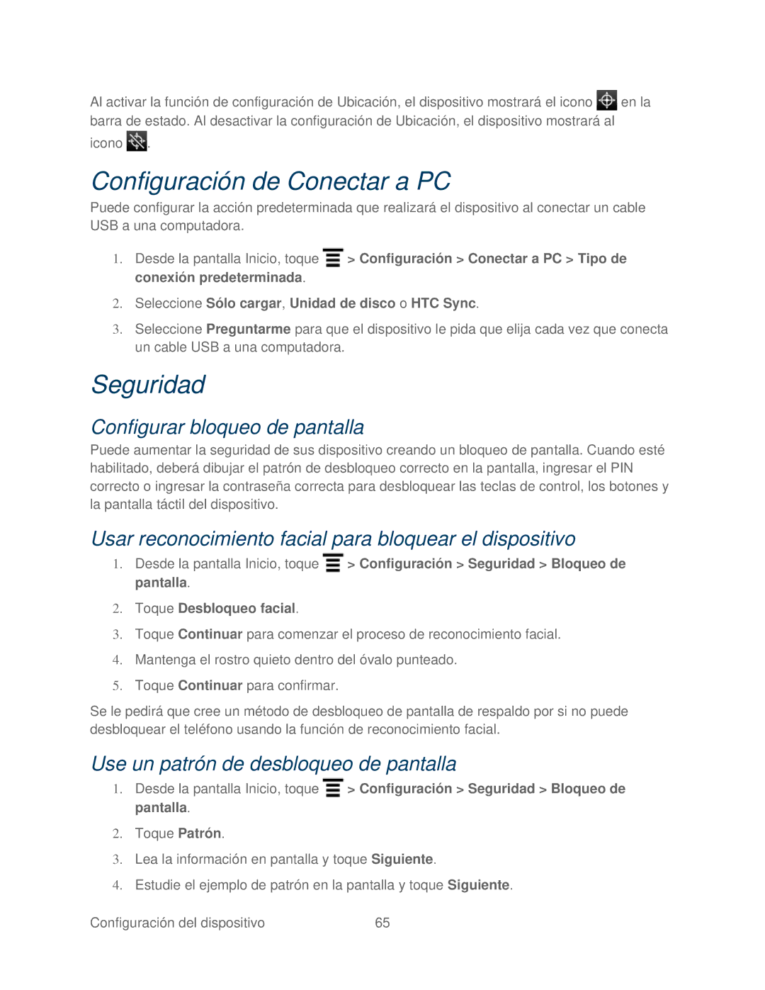 HTC 4G Configuración de Conectar a PC, Seguridad, Configurar bloqueo de pantalla, Use un patrón de desbloqueo de pantalla 