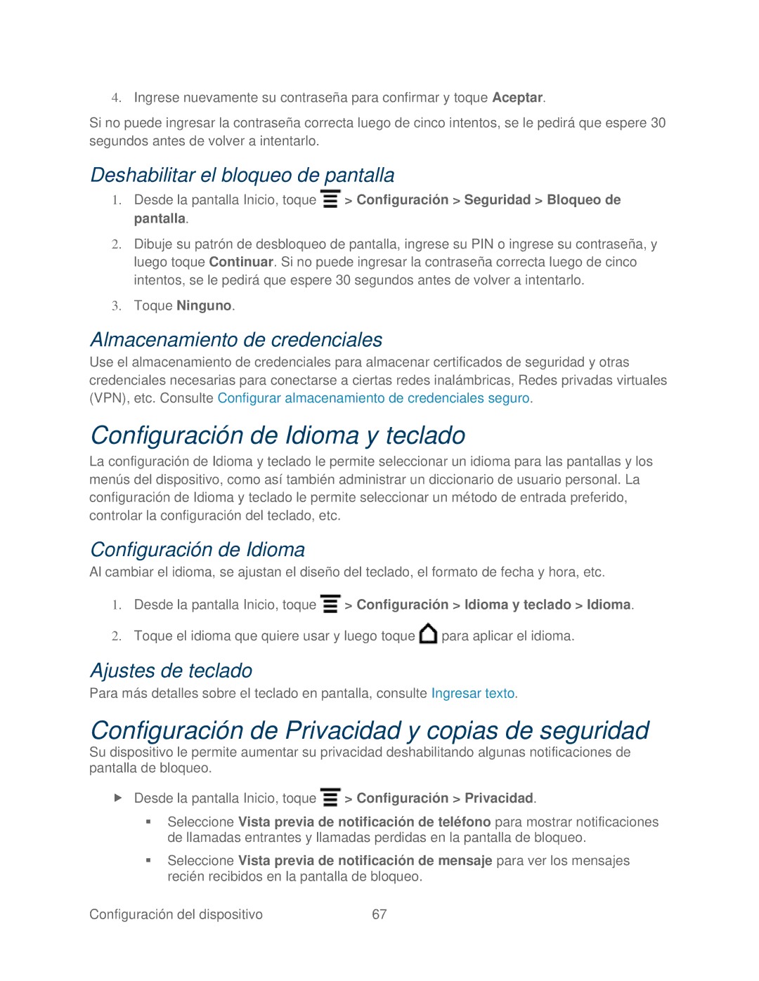 HTC 4G manual Configuración de Idioma y teclado, Configuración de Privacidad y copias de seguridad 