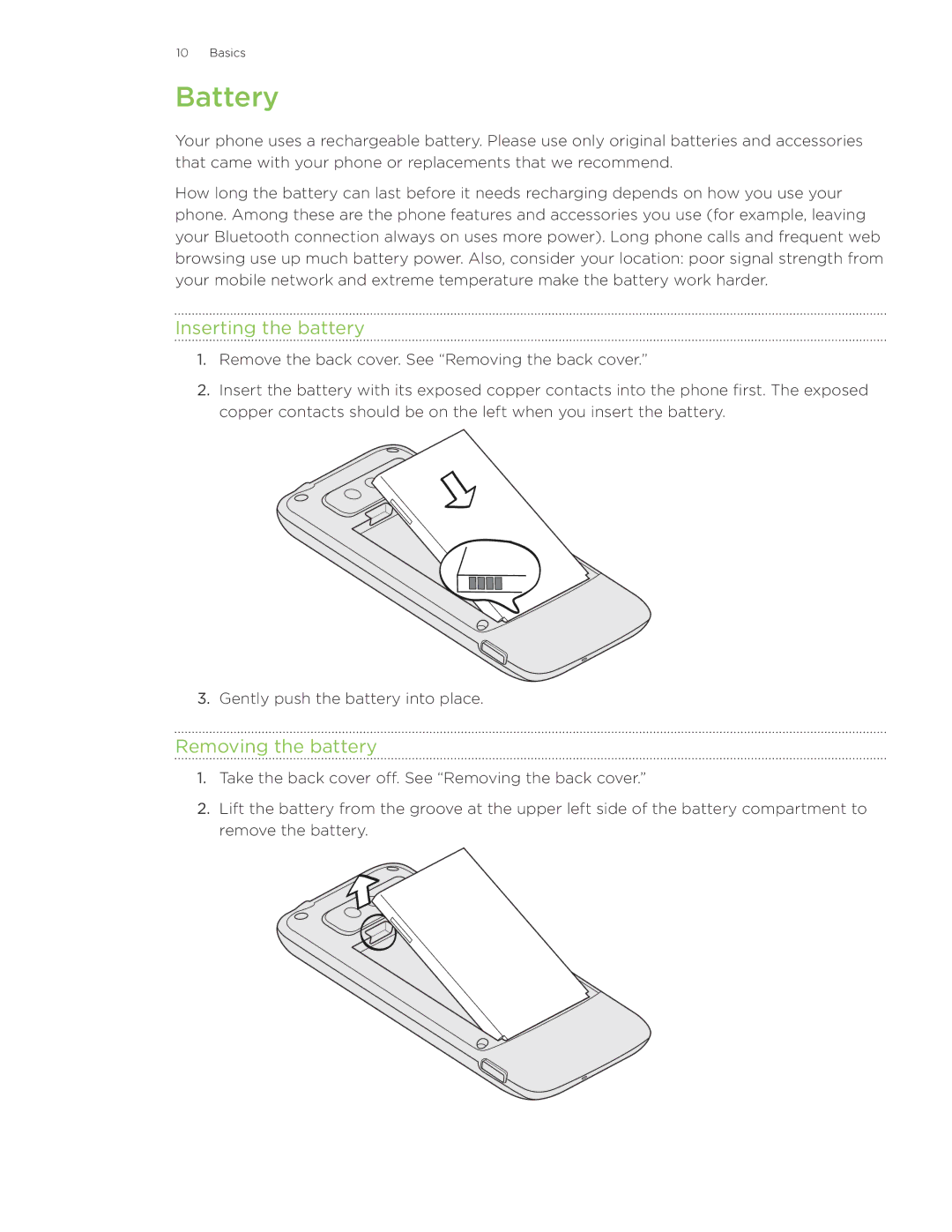 HTC 7 manual Battery, Inserting the battery, Removing the battery 