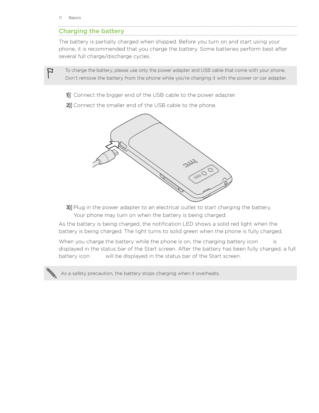 HTC 7 manual Charging the battery 