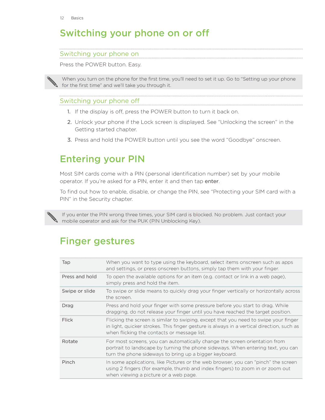 HTC 7 manual Switching your phone on or off, Entering your PIN, Finger gestures, Switching your phone off 