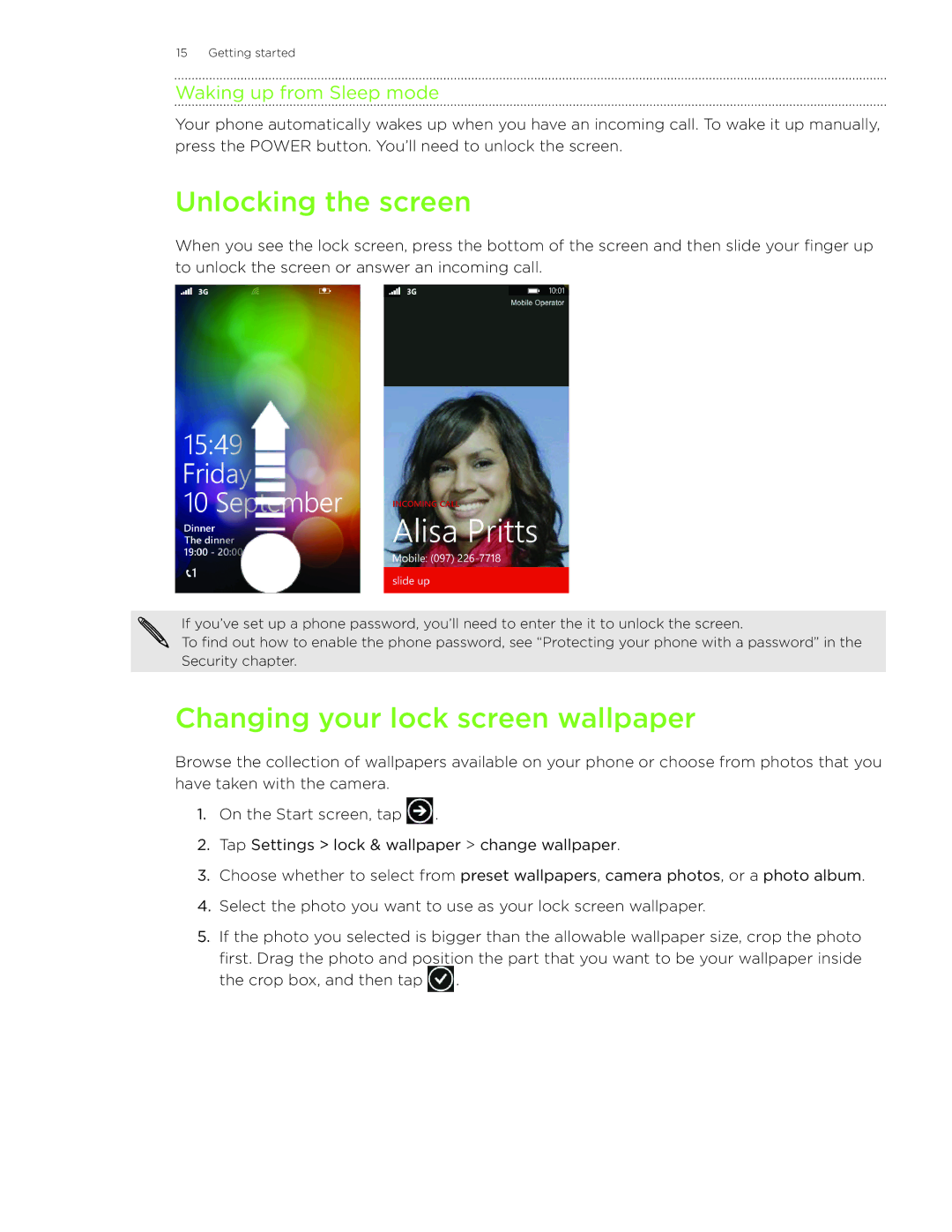 HTC 7 manual Unlocking the screen, Changing your lock screen wallpaper, Waking up from Sleep mode 