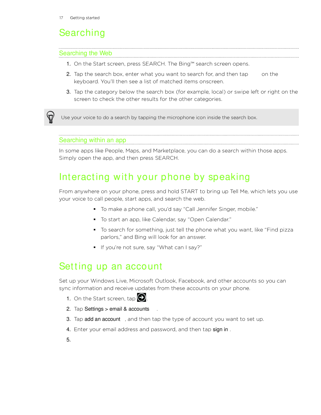 HTC 7 manual Interacting with your phone by speaking, Setting up an account, Searching the Web, Searching within an app 