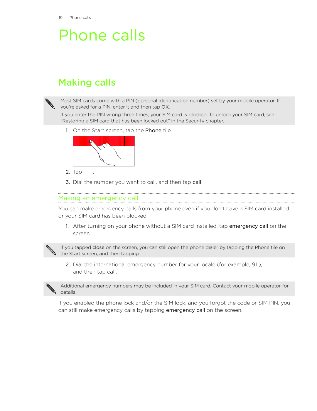 HTC 7 manual Phone calls, Making calls, Making an emergency call 