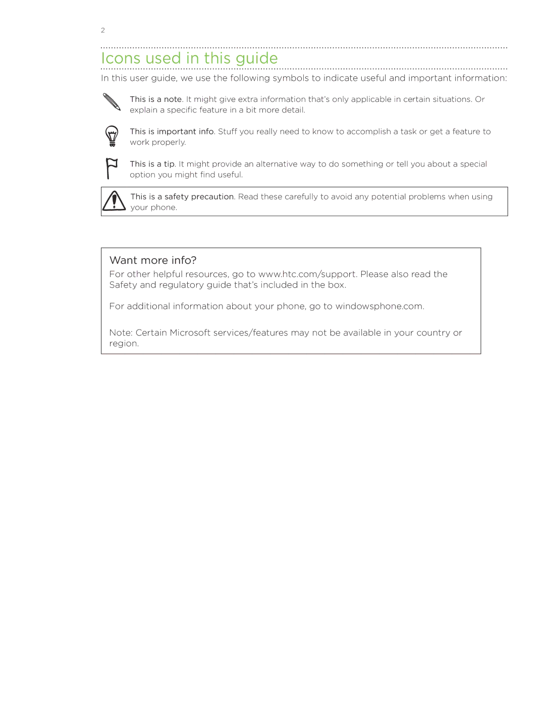 HTC 7 manual Icons used in this guide 