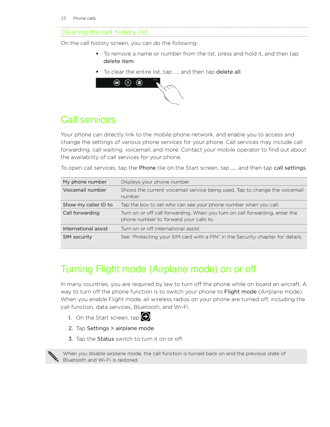 HTC 7 manual Call services, Turning Flight mode Airplane mode on or off, Clearing the call history list 