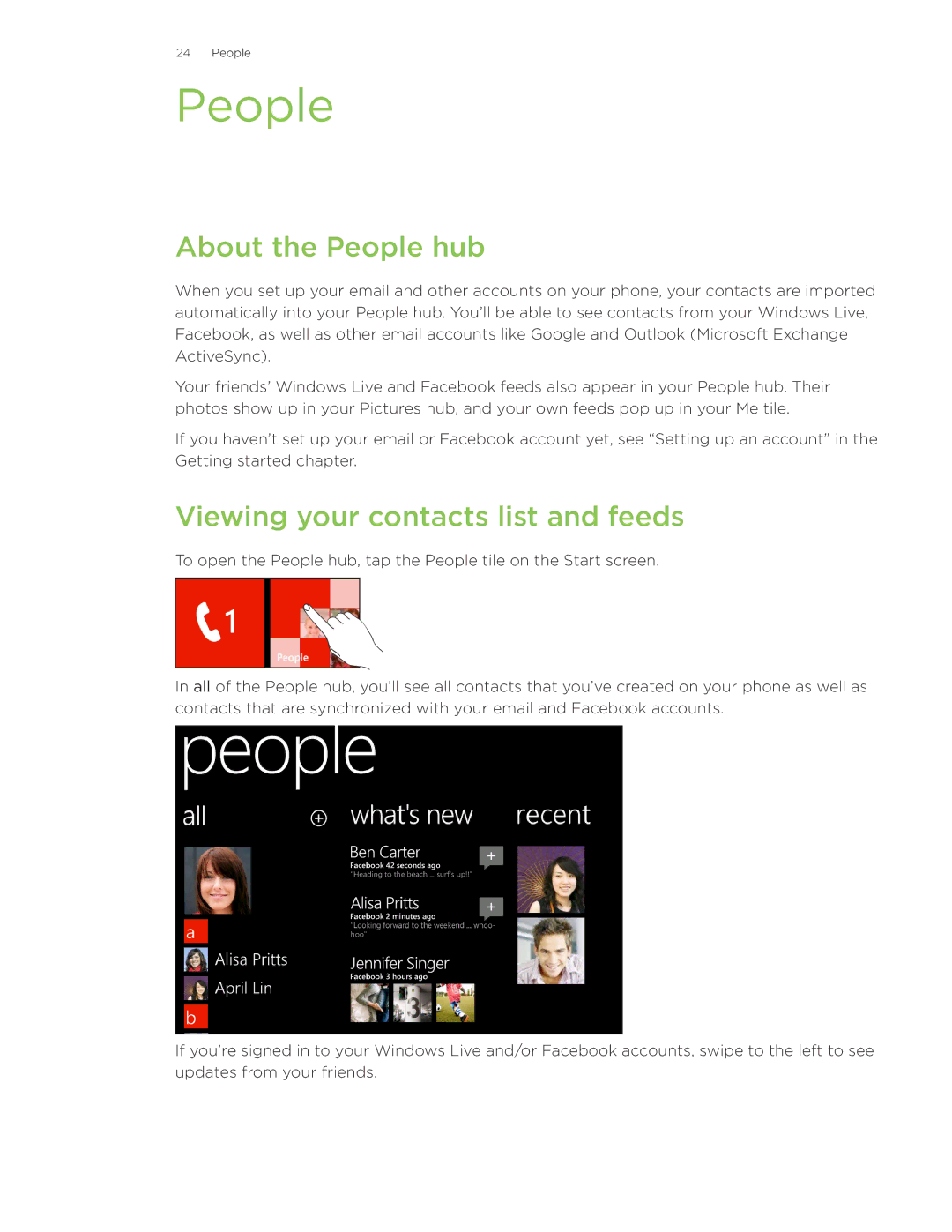 HTC 7 manual About the People hub, Viewing your contacts list and feeds 