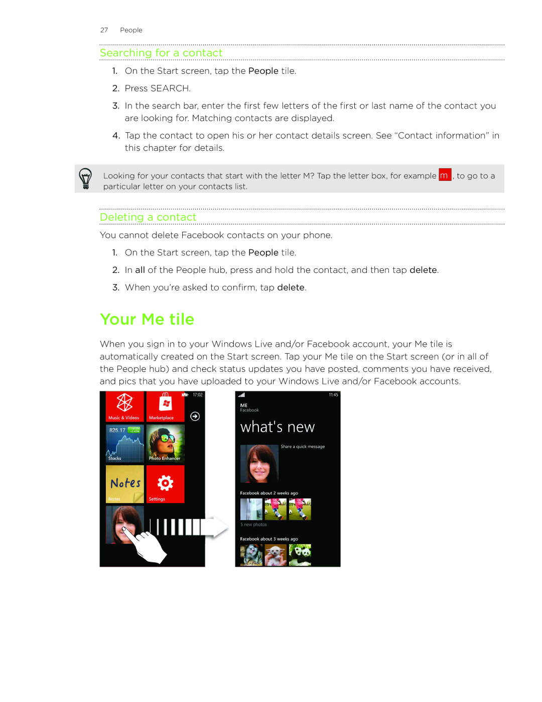 HTC 7 manual Your Me tile, Searching for a contact, Deleting a contact 