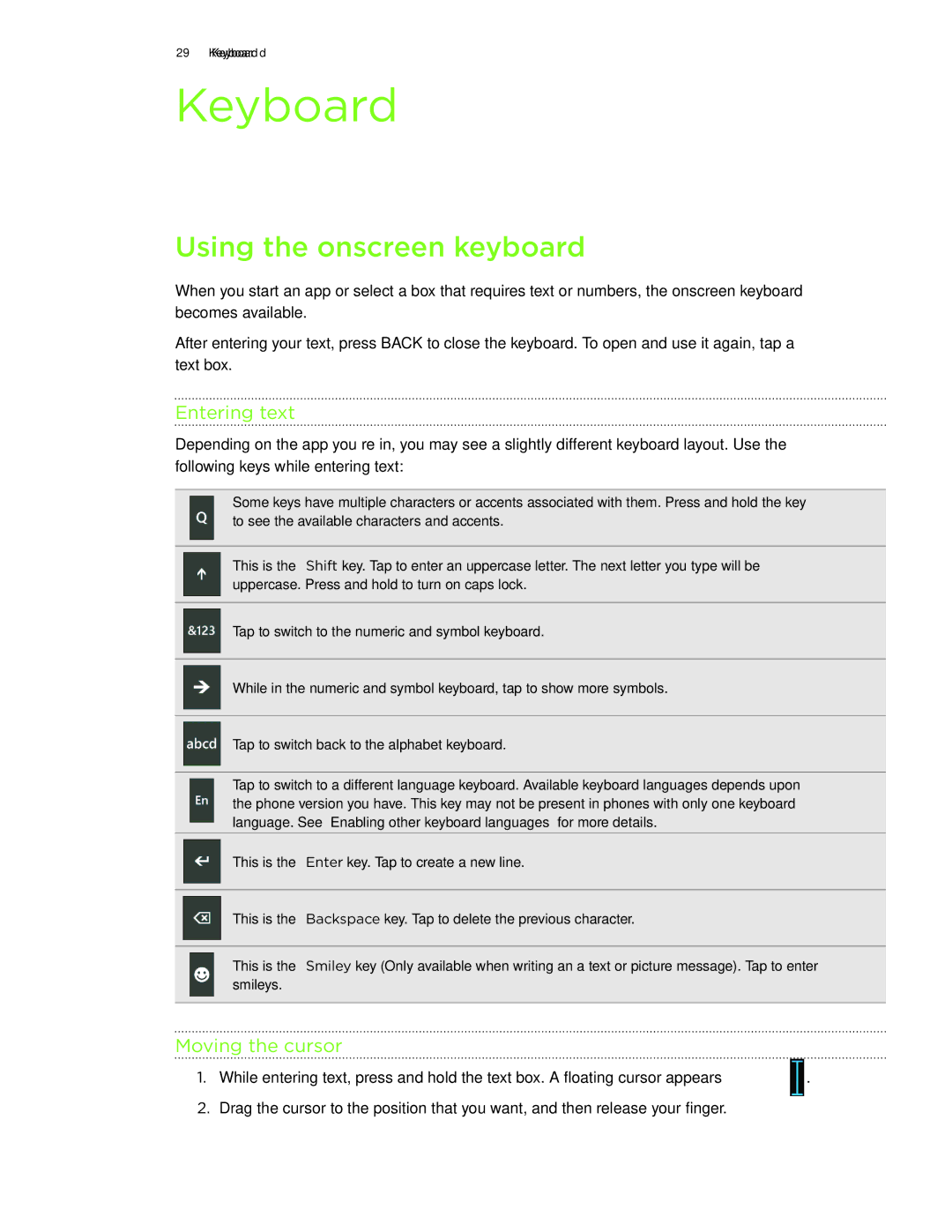 HTC 7 manual Keyboard, Using the onscreen keyboard, Entering text, Moving the cursor 