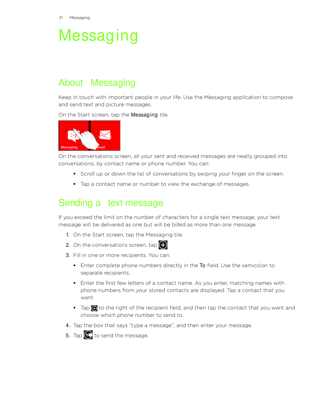 HTC 7 manual About Messaging, Sending a text message 