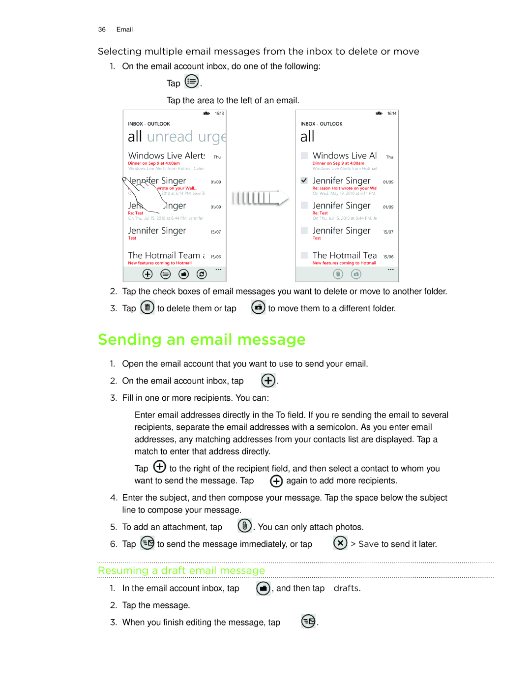 HTC 7 manual Sending an email message, Resuming a draft email message 