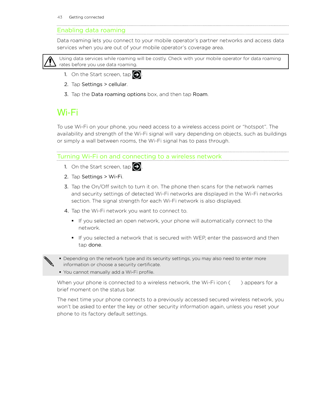 HTC 7 manual Enabling data roaming, Turning Wi-Fi on and connecting to a wireless network 