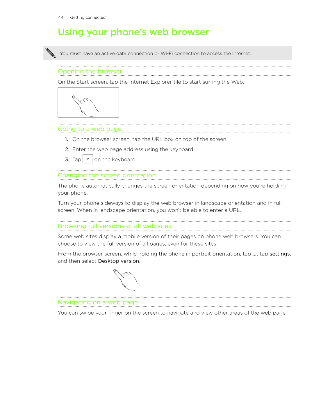 HTC 7 manual Using your phone’s web browser 