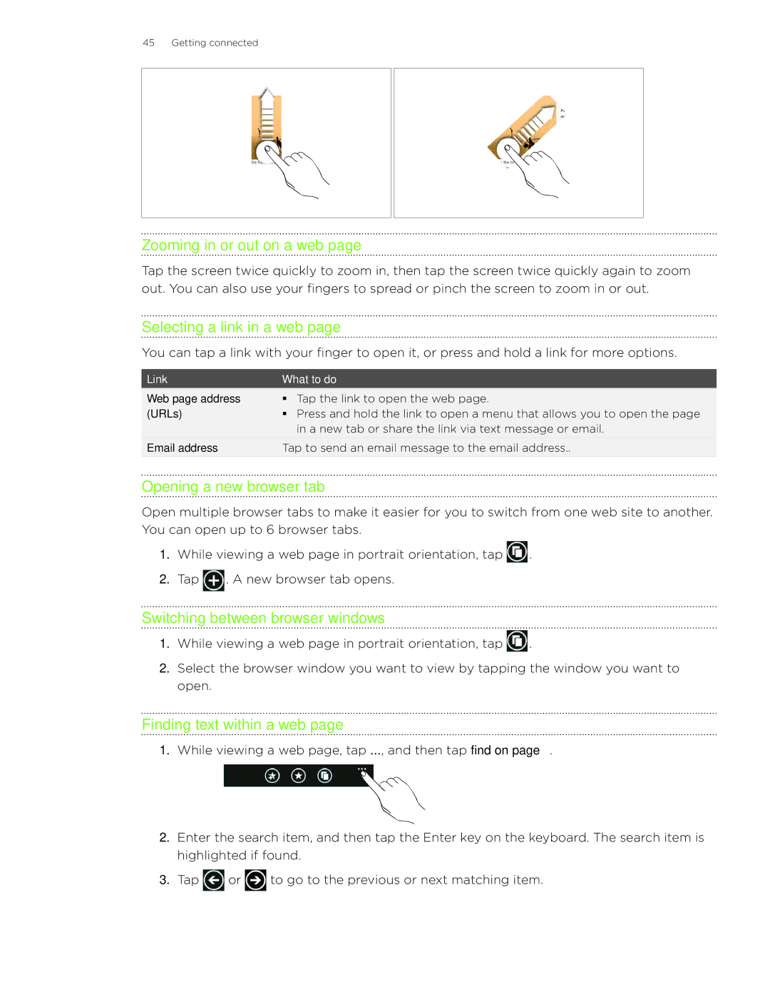 HTC 7 Zooming in or out on a web, Selecting a link in a web, Opening a new browser tab, Switching between browser windows 