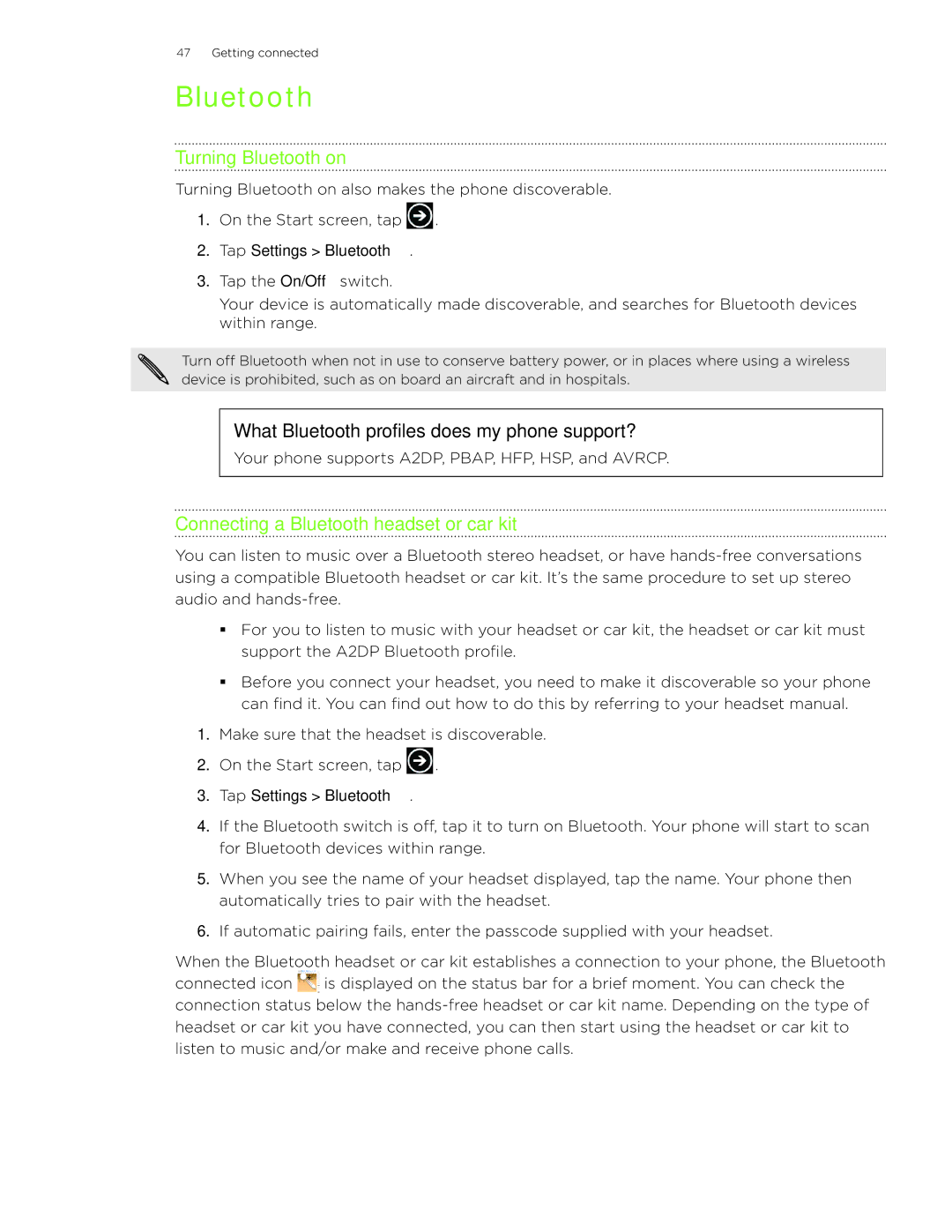 HTC 7 manual Turning Bluetooth on, Connecting a Bluetooth headset or car kit 