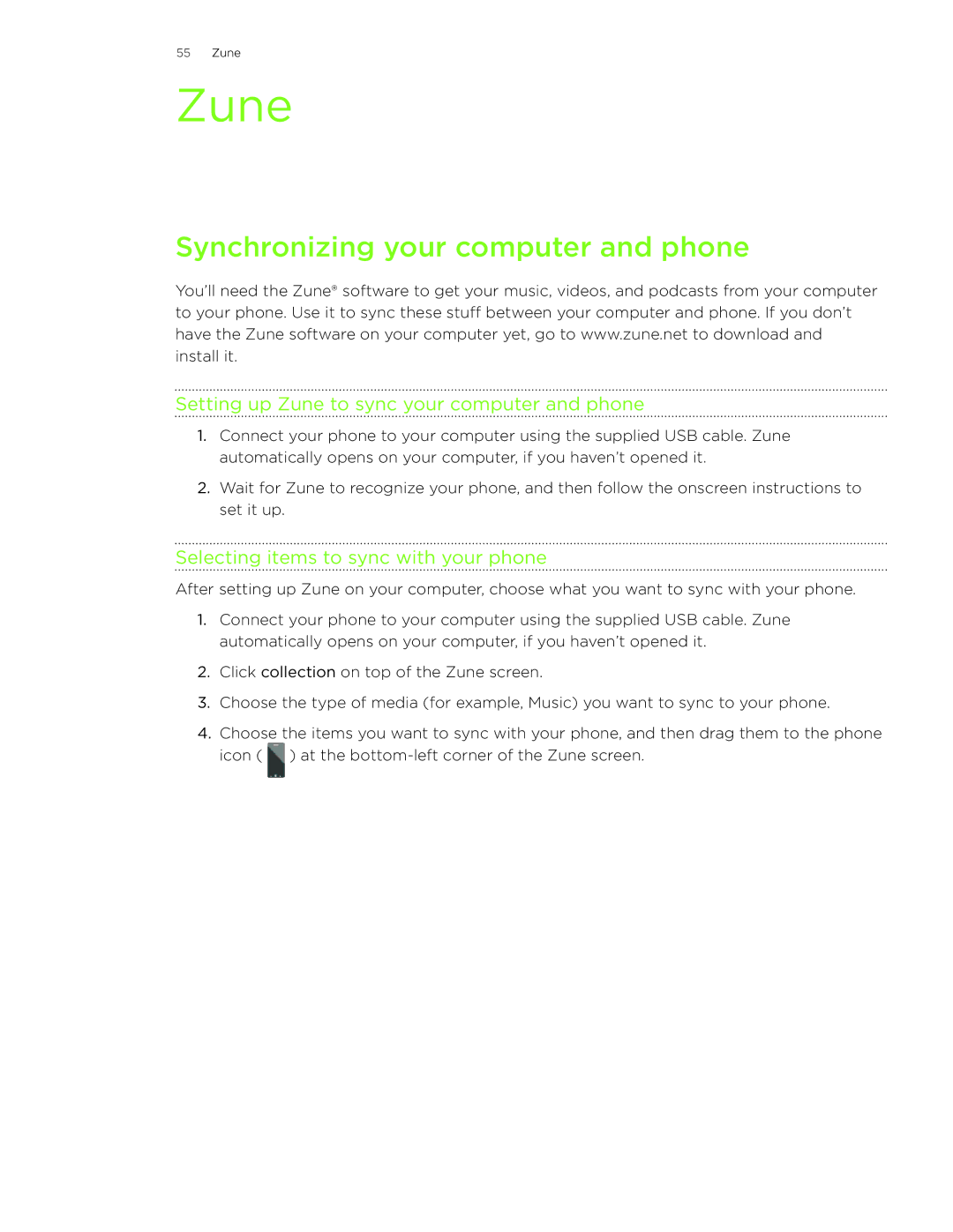 HTC 7 manual Synchronizing your computer and phone, Setting up Zune to sync your computer and phone 