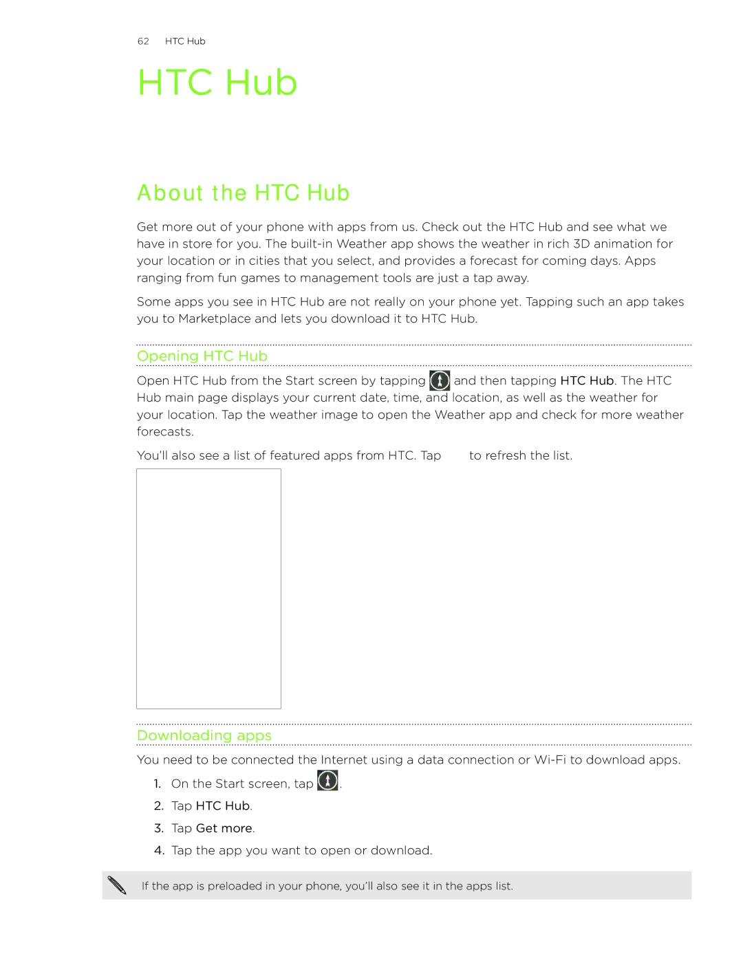 HTC 7 manual About the HTC Hub, Opening HTC Hub, Downloading apps 