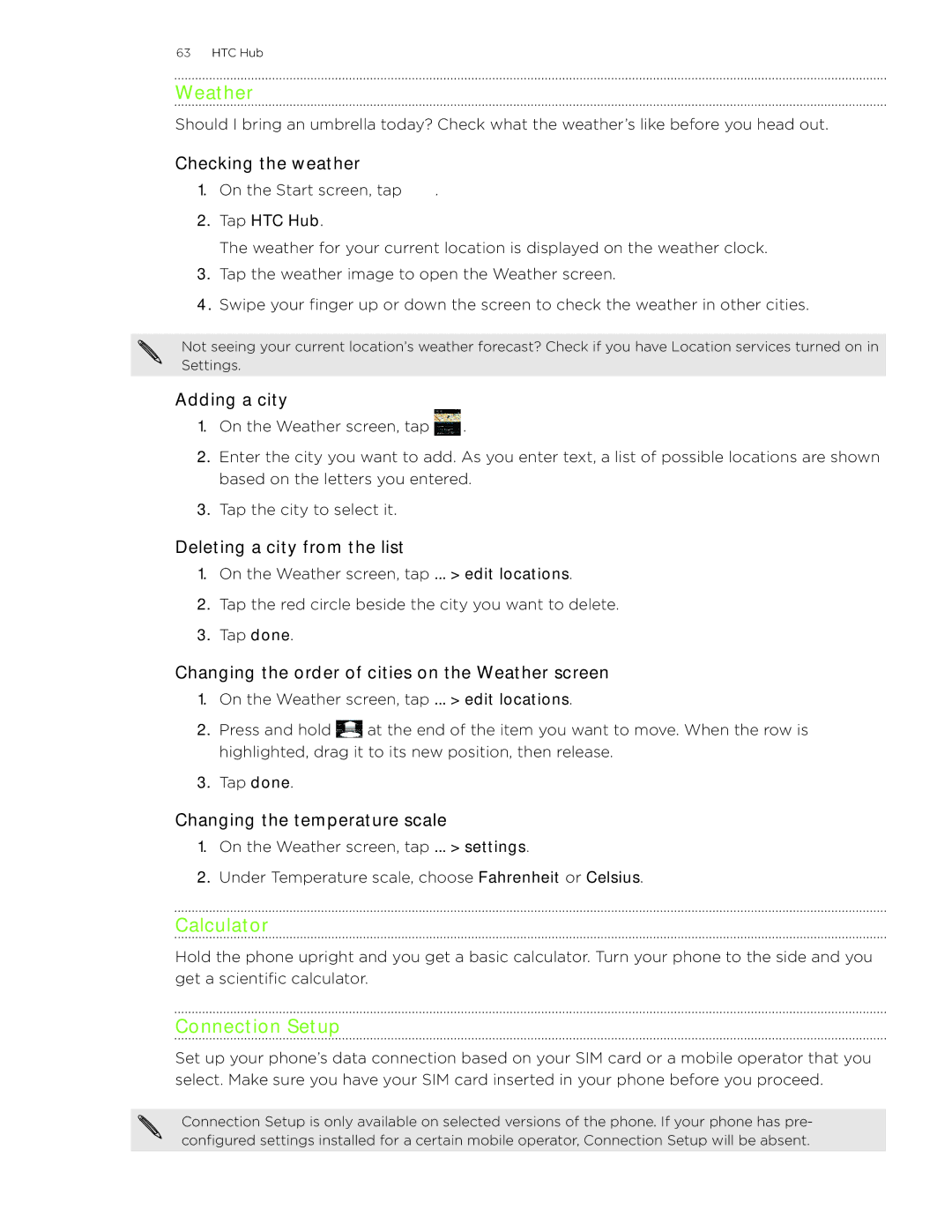 HTC 7 manual Weather, Calculator, Connection Setup 