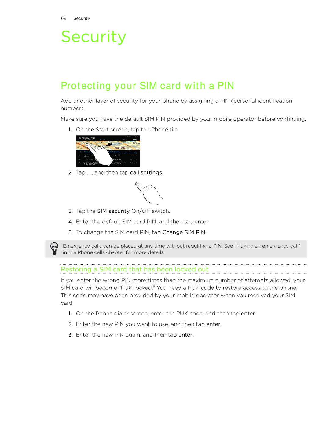 HTC 7 manual Security, Protecting your SIM card with a PIN, Restoring a SIM card that has been locked out 