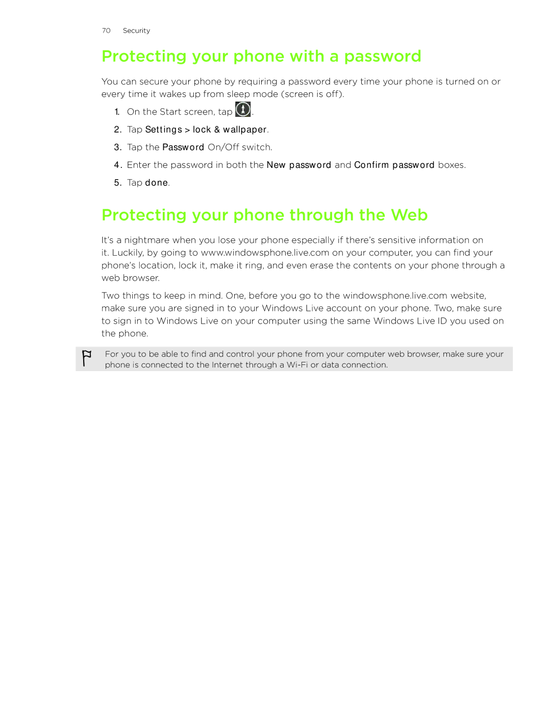 HTC 7 manual Protecting your phone with a password, Protecting your phone through the Web 