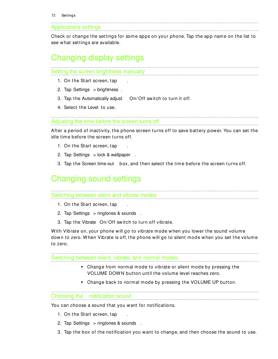 HTC 7 manual Changing display settings, Changing sound settings 