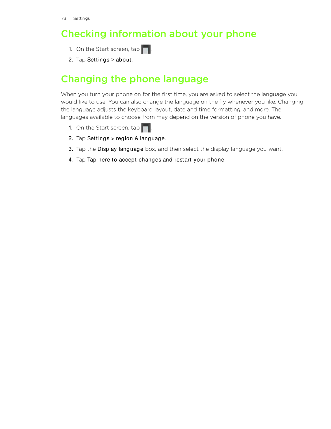 HTC 7 manual Checking information about your phone, Changing the phone language 