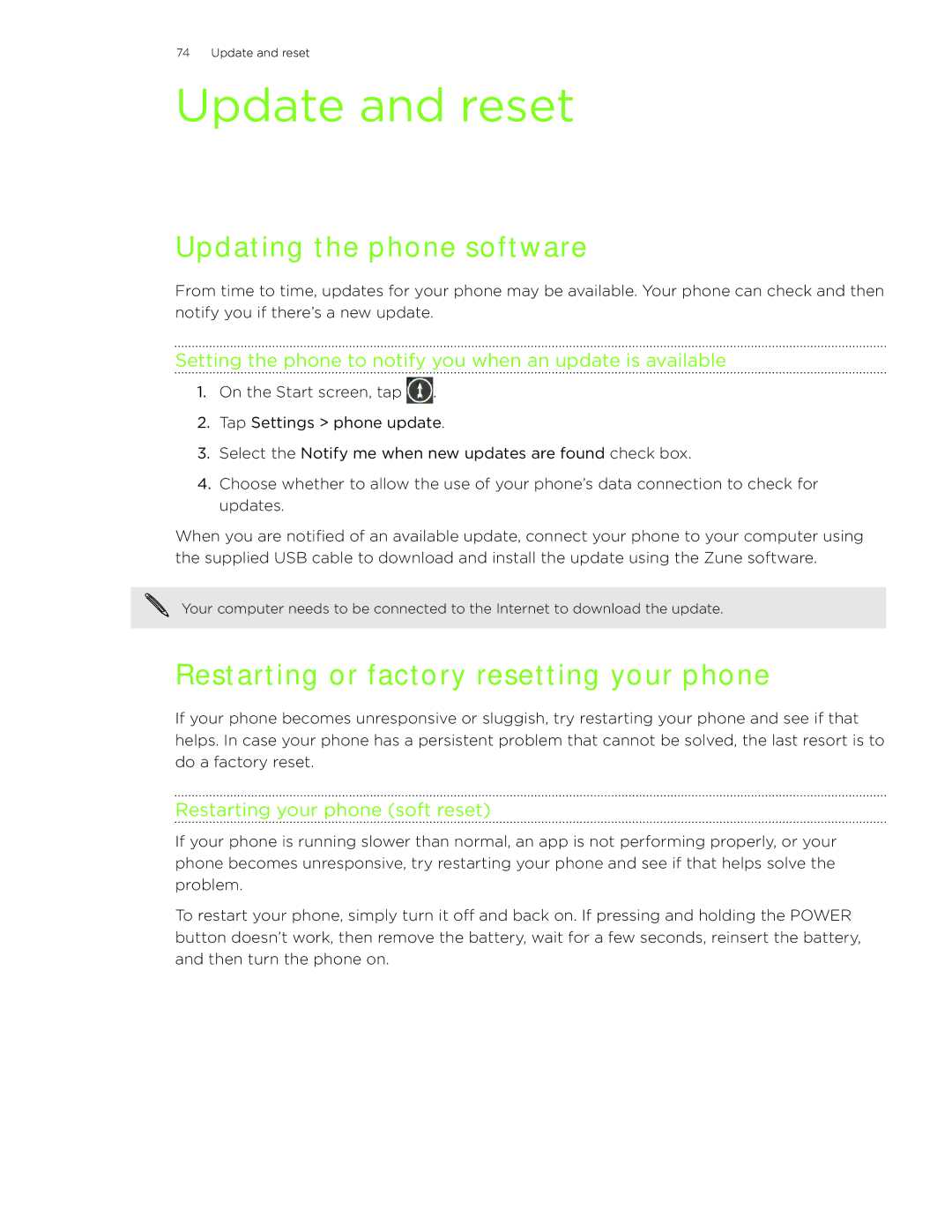 HTC 7 manual Update and reset, Updating the phone software, Restarting or factory resetting your phone 