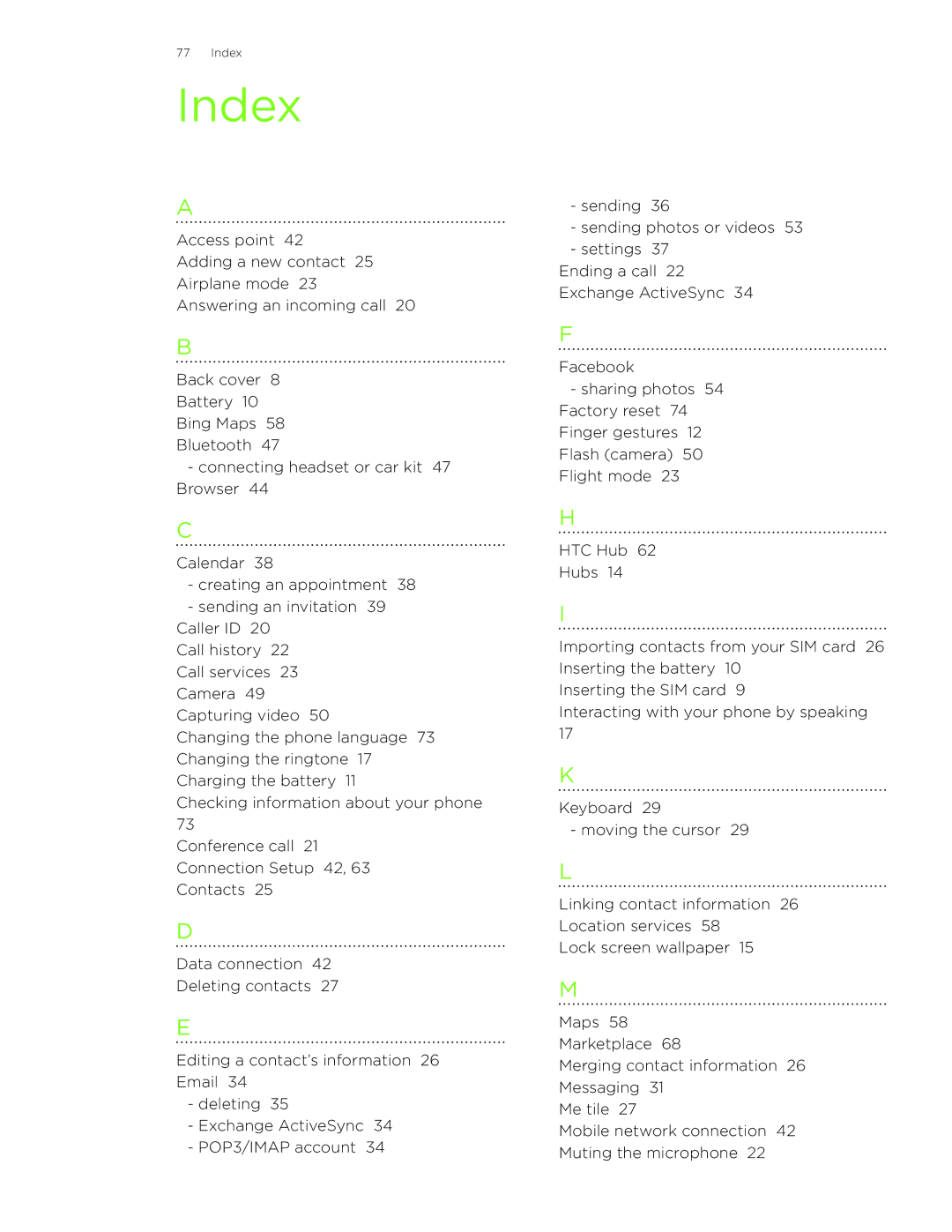 HTC 7 manual Index 