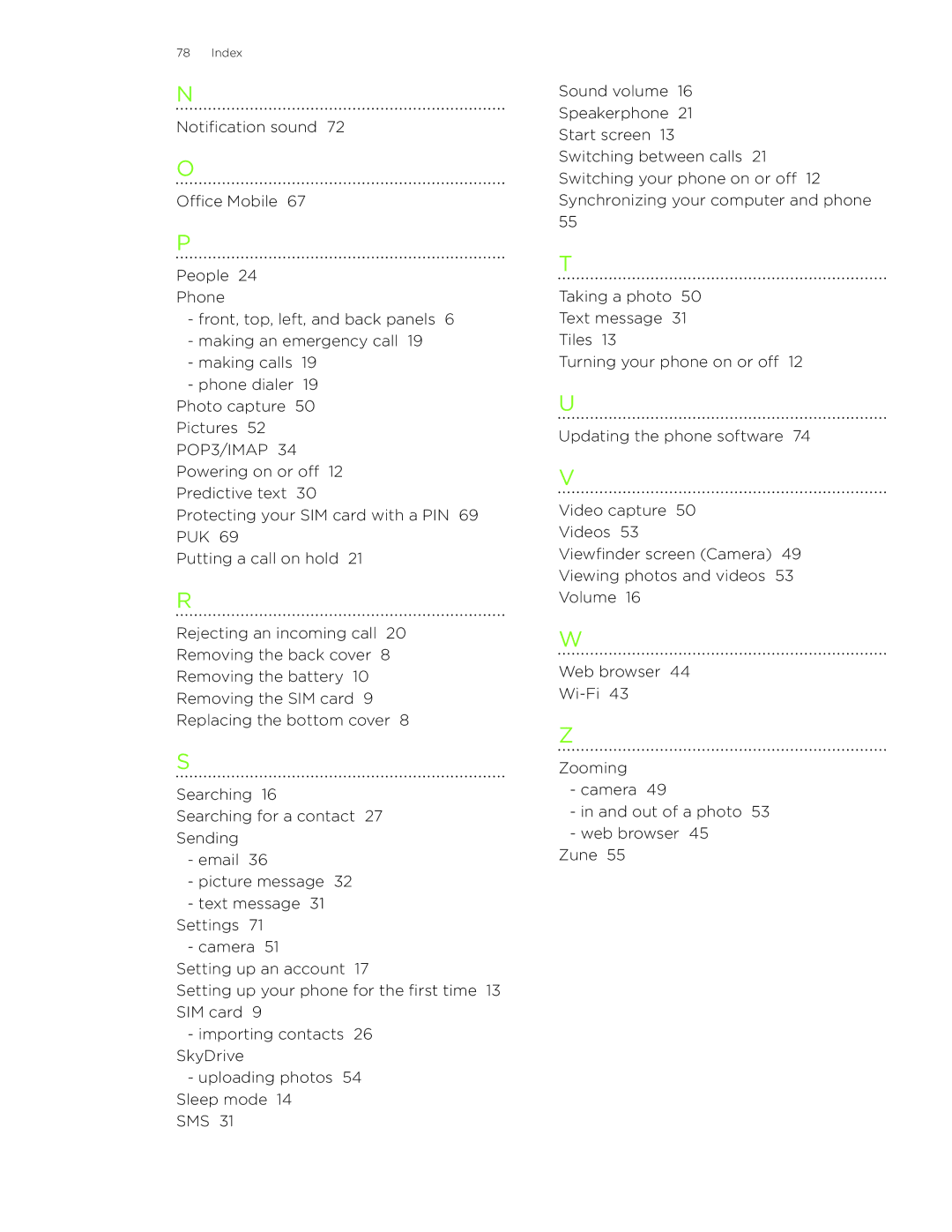 HTC 7 manual Index 