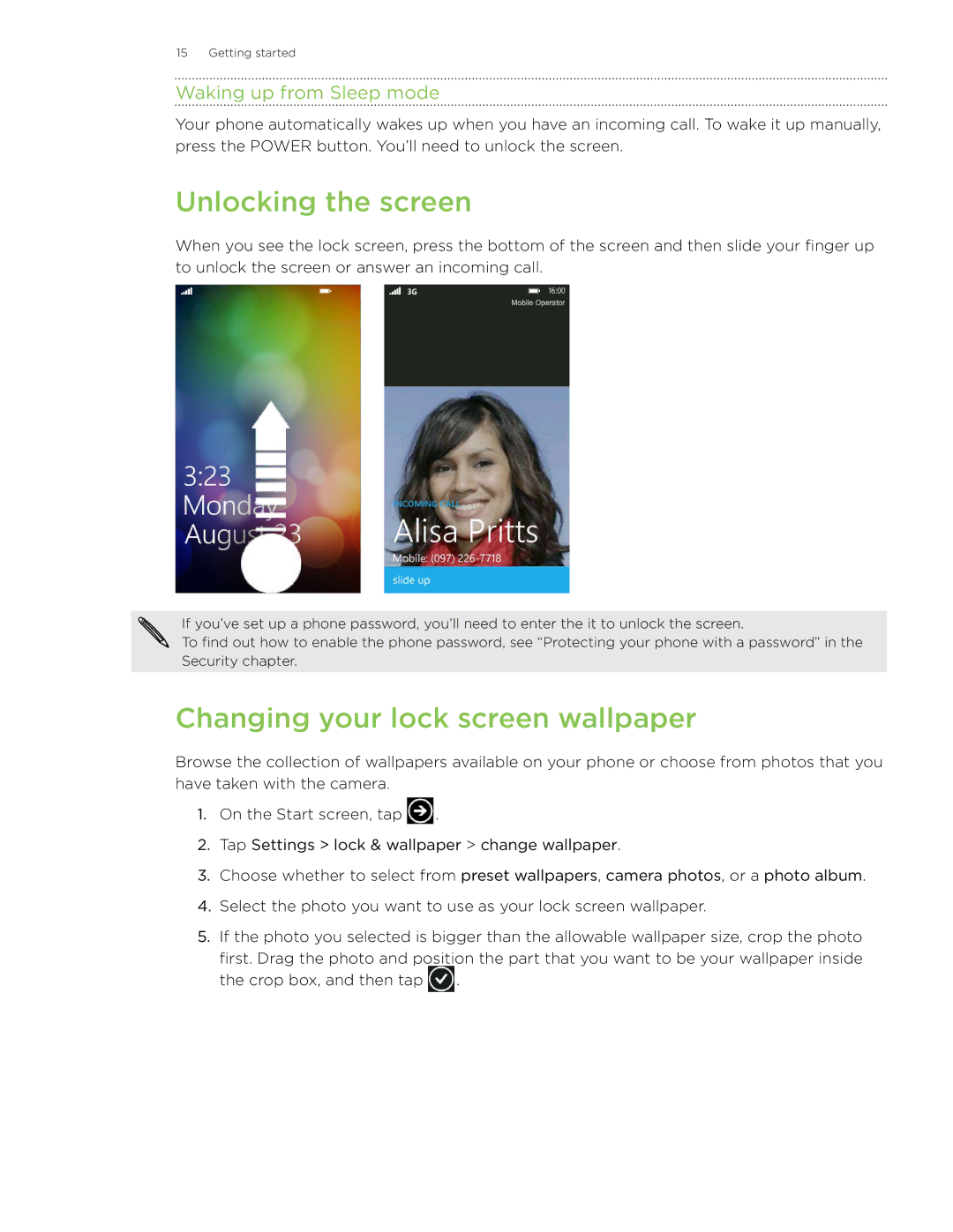 HTC 7 manual Unlocking the screen, Changing your lock screen wallpaper, Waking up from Sleep mode 