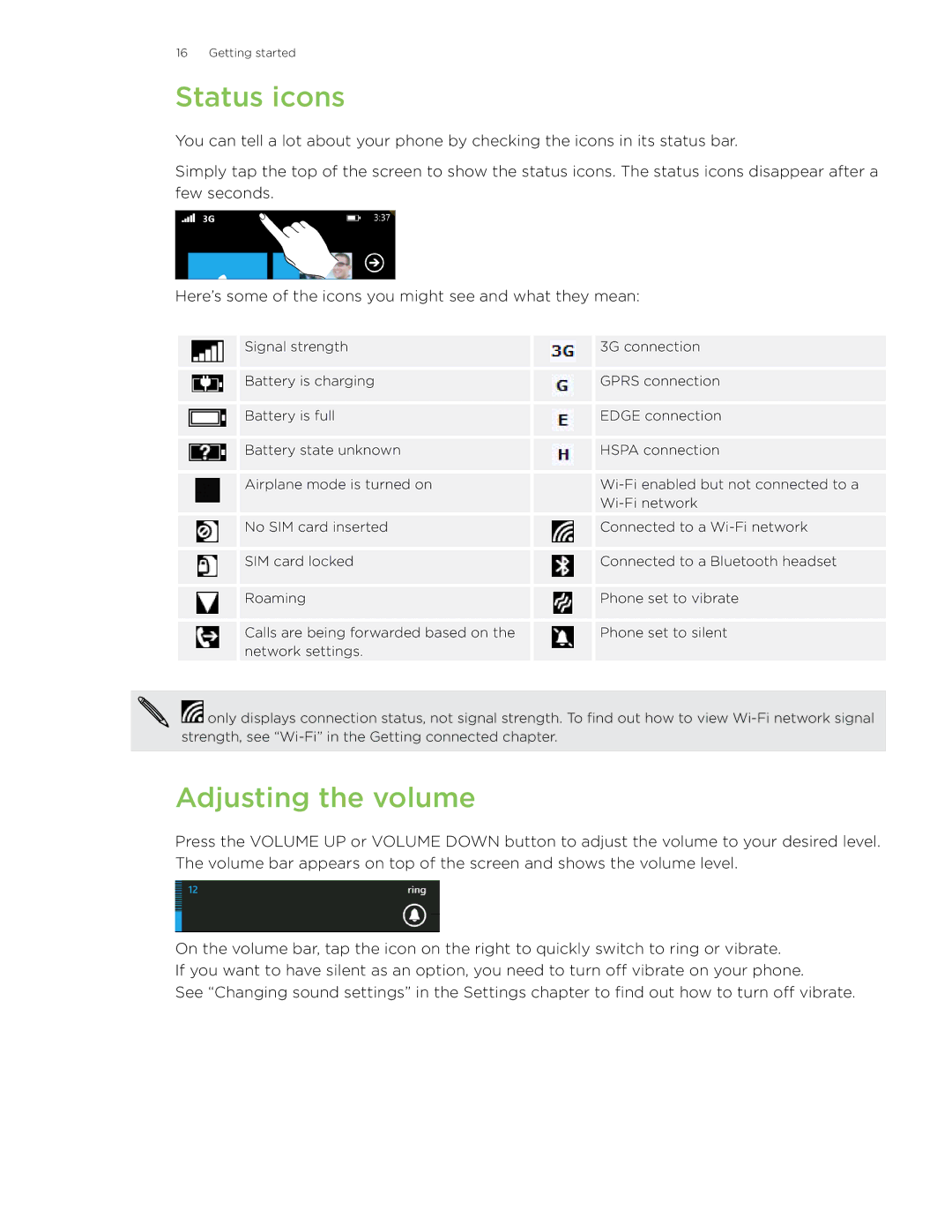 HTC 7 manual Status icons, Adjusting the volume 