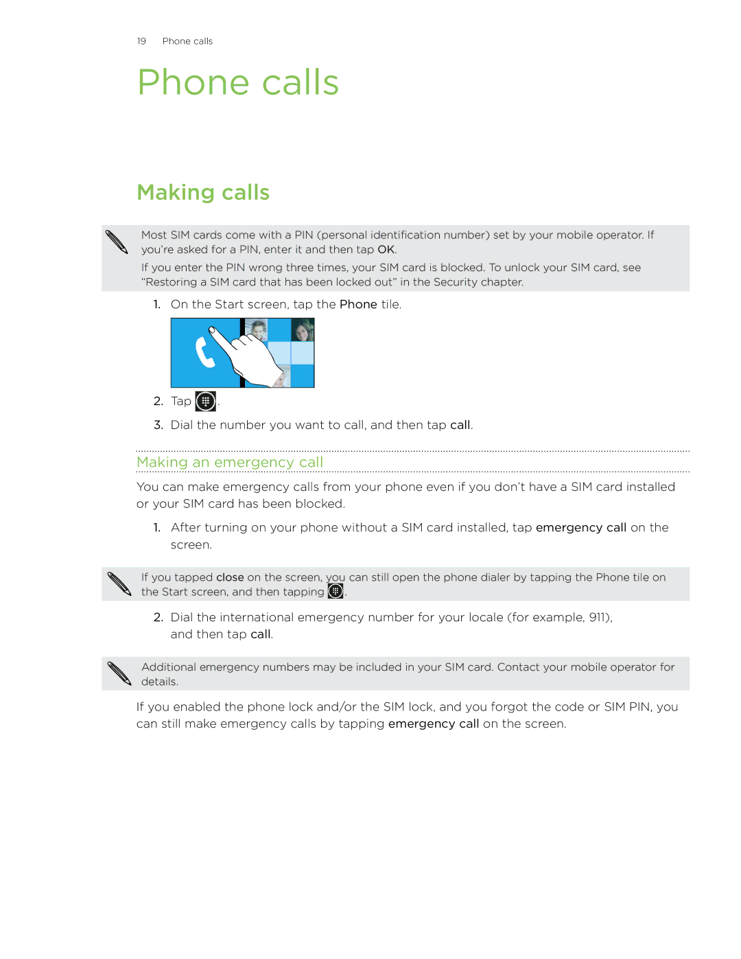 HTC 7 manual Phone calls, Making calls, Making an emergency call 