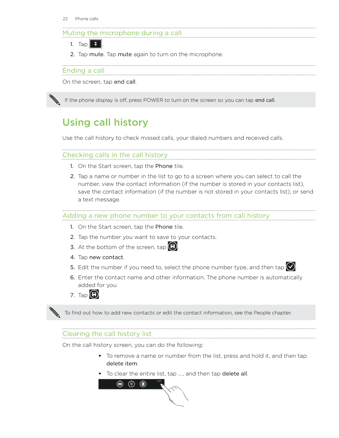 HTC 7 manual Using call history, Muting the microphone during a call, Ending a call, Checking calls in the call history 