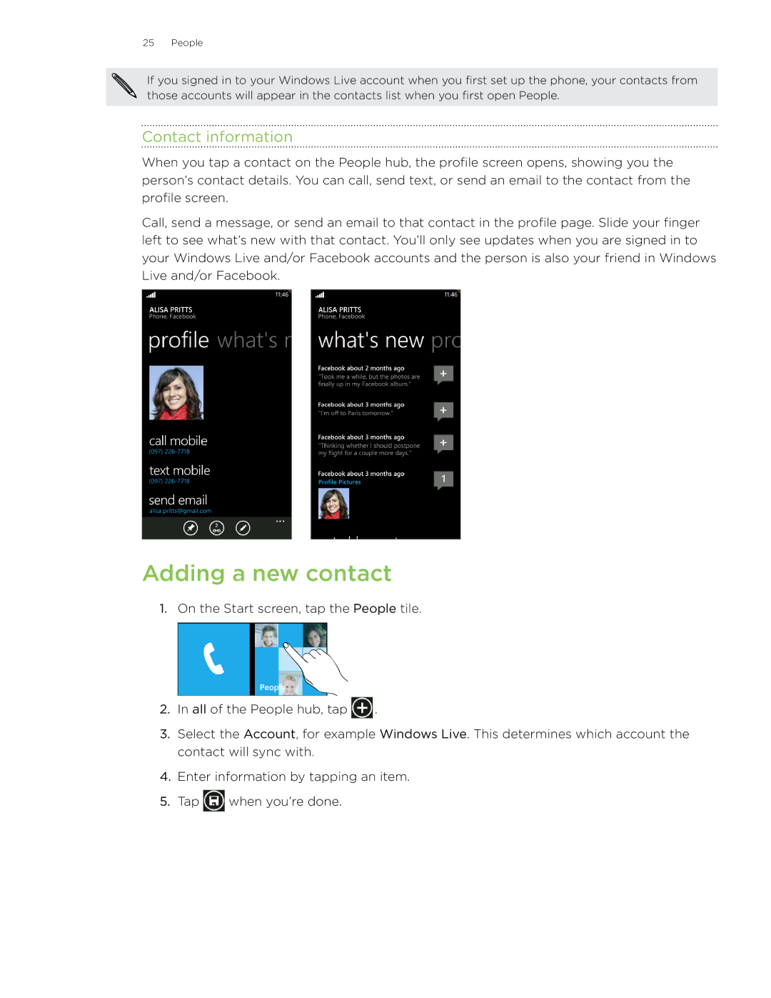 HTC 7 manual Adding a new contact, Contact information 