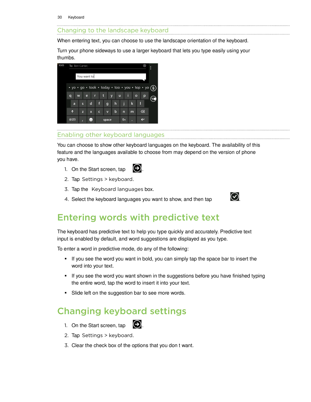 HTC 7 manual Entering words with predictive text, Changing keyboard settings, Changing to the landscape keyboard 