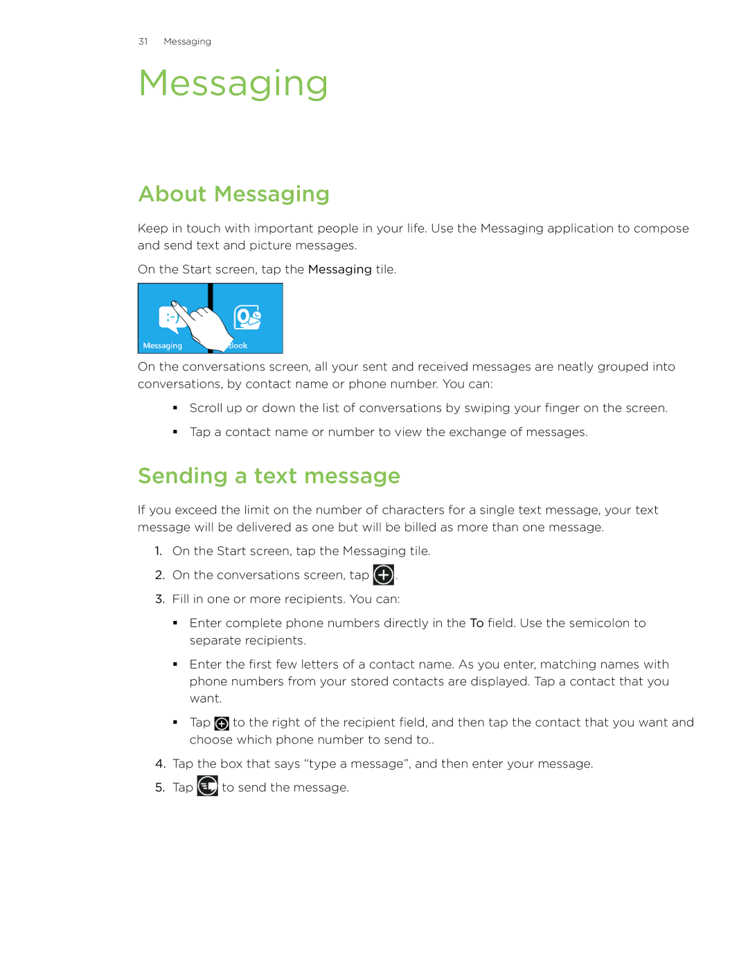 HTC 7 manual About Messaging, Sending a text message 